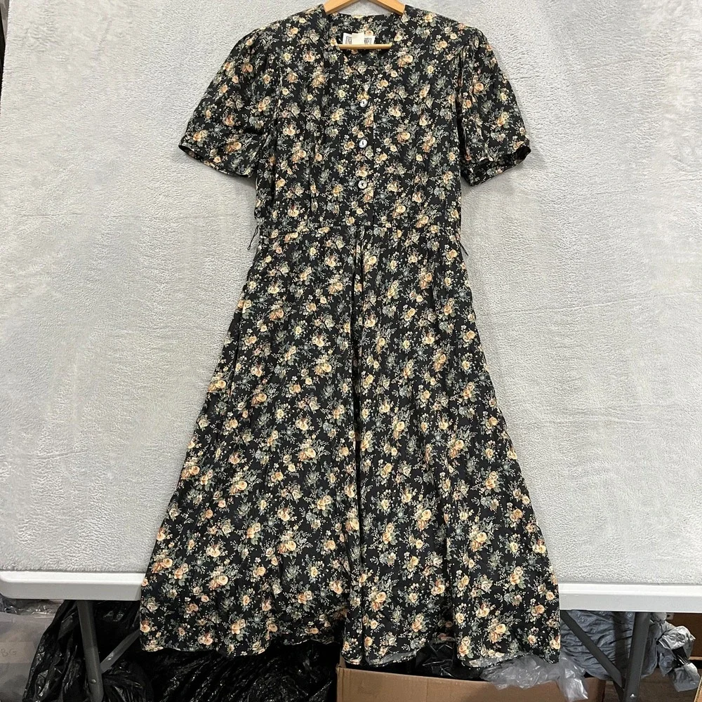 Vintage ED Michaels Dress 13/14 Petite Dark Floral Puff Sleeve Cottagecore Roses